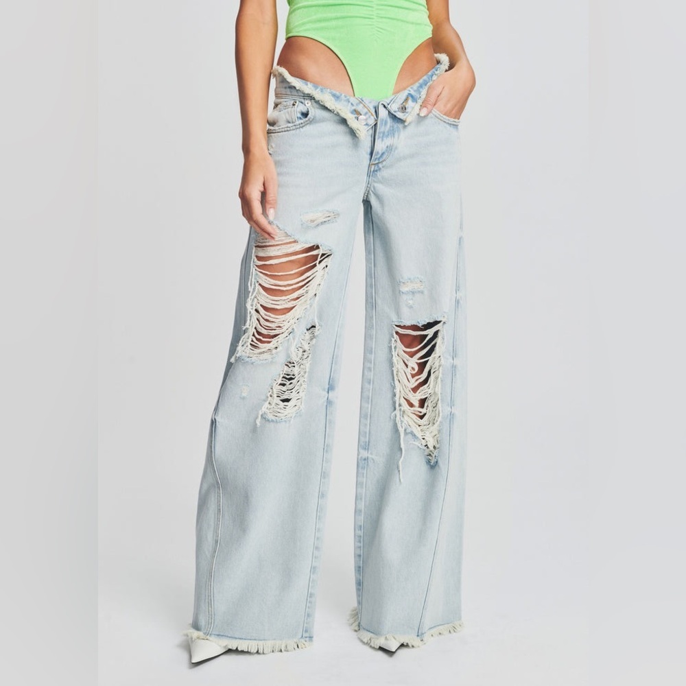 NWT SER.O.YA Mountain Low Rise Wide Leg Jeans Light Wash Distressed Pants 28